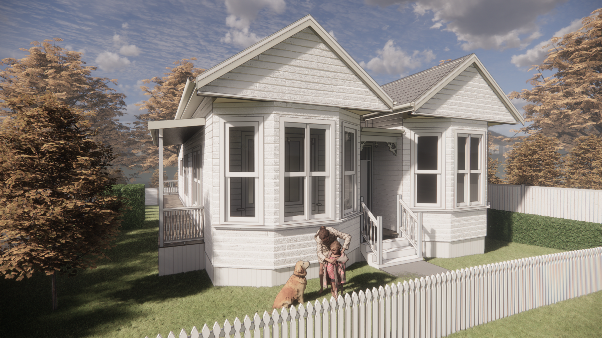 Heritage villa renovation rendering with bay windows and picket fence