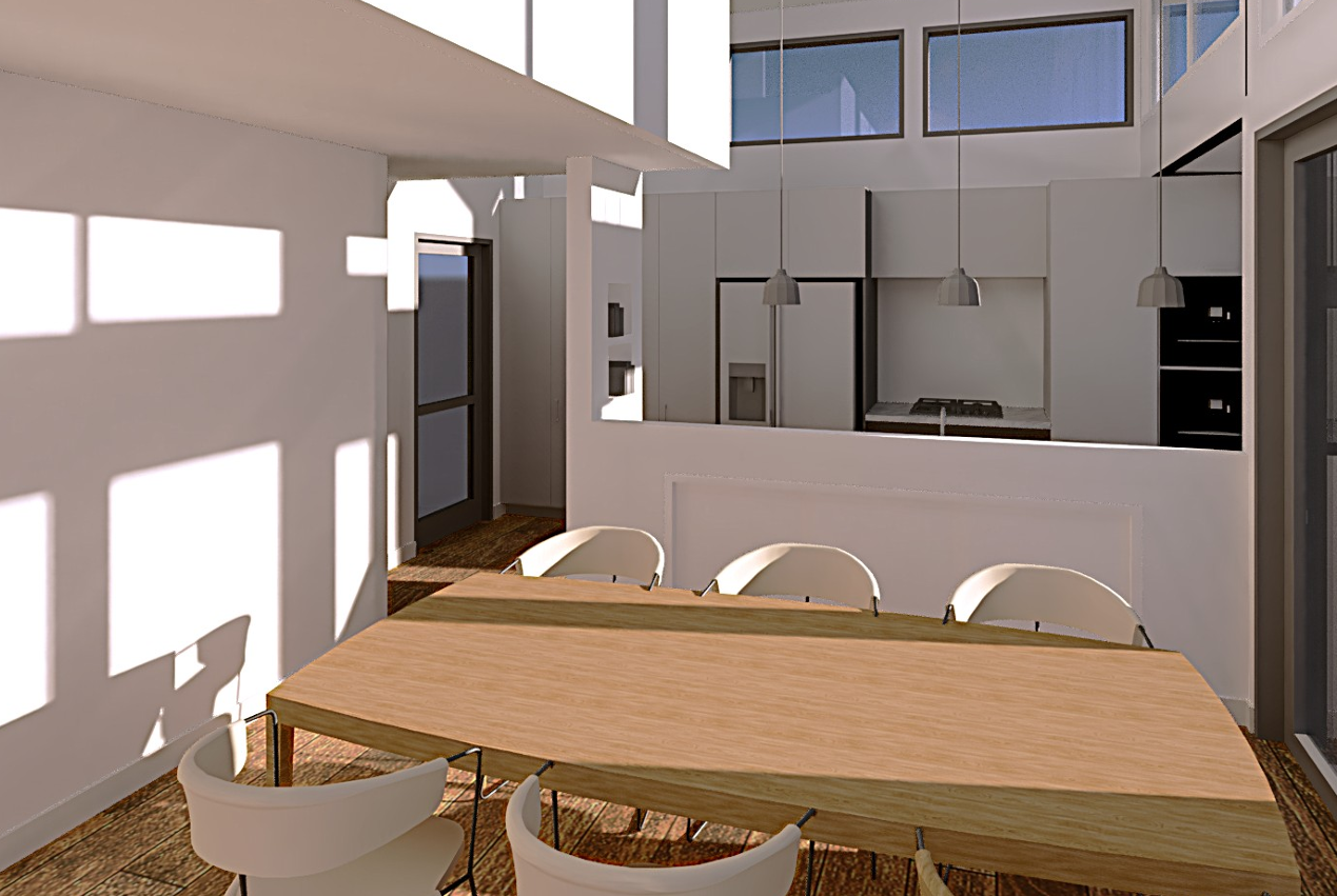 Open-plan kitchen and dining area rendering