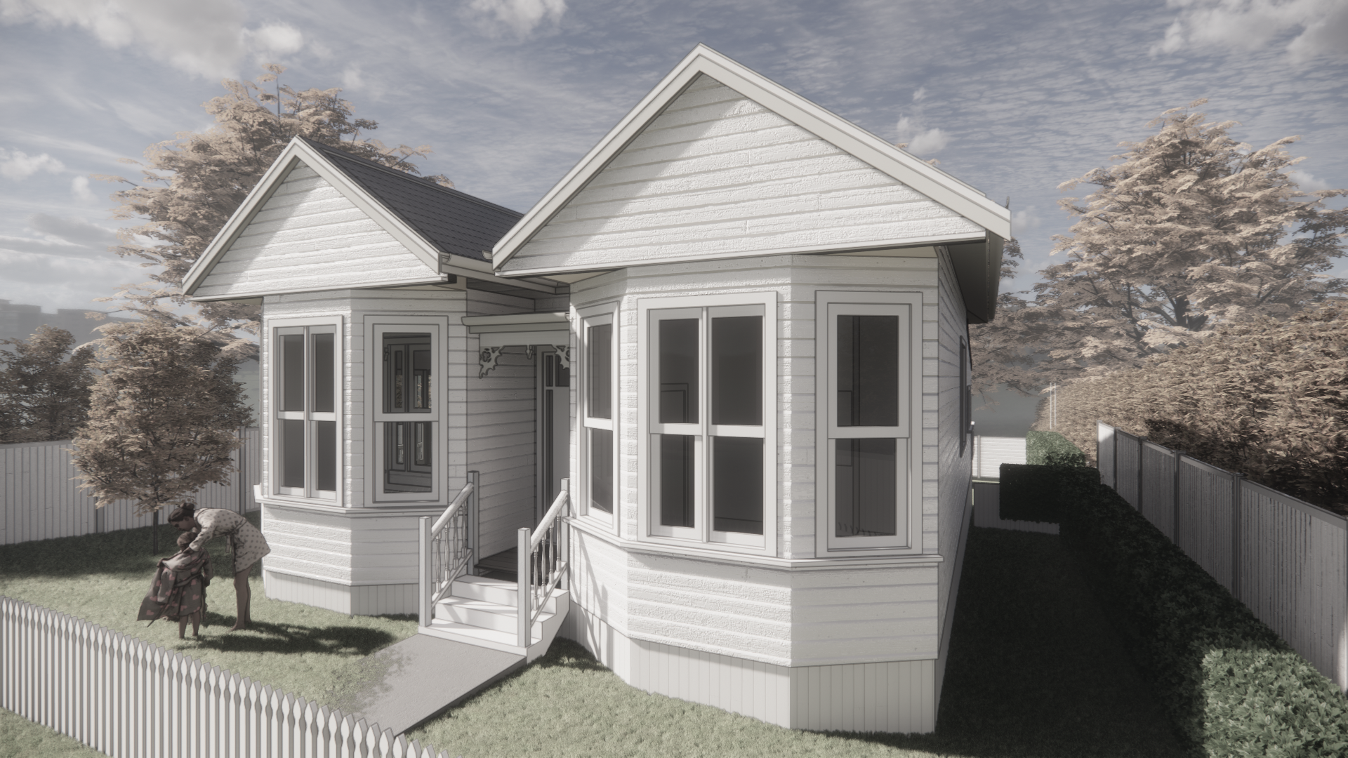 Character home rendering with bay windows and traditional details